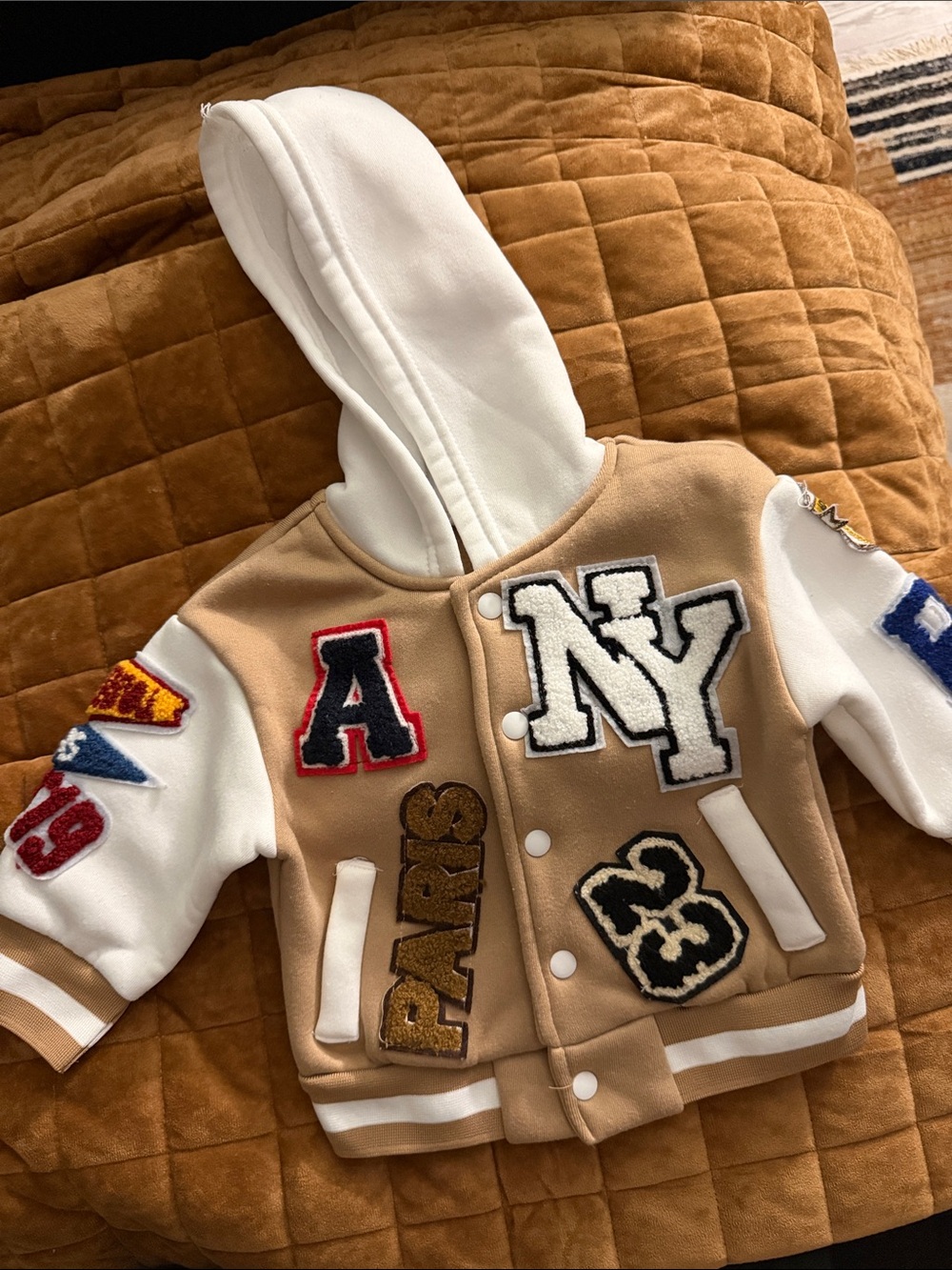 SHEIN Beige and White Hooded Varsity Patch Jacket for Kids